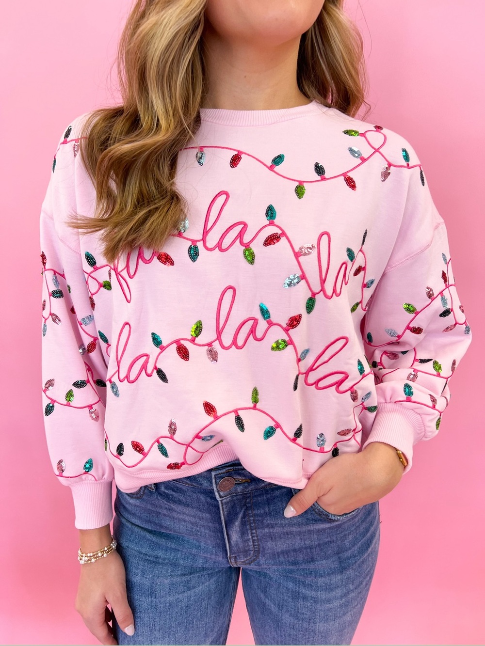 Women’s Pink 'Fa La La' Embellished Crewneck Sweater